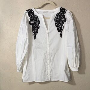 Anne Fontaine white button up puff sleeve embroidered detail cotton top